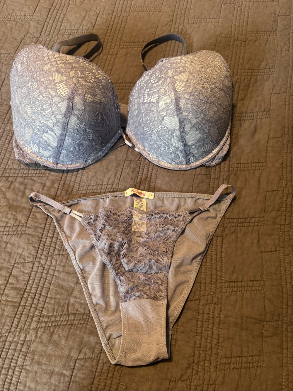 Adore Me 36DD Small Slate Blue Lace Push Up Bra & Panty Set